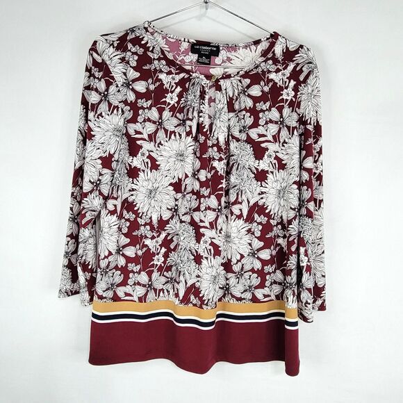 Liz Claiborne Career Petite maroon white black floral tunic top petite large - Picture 1 of 6